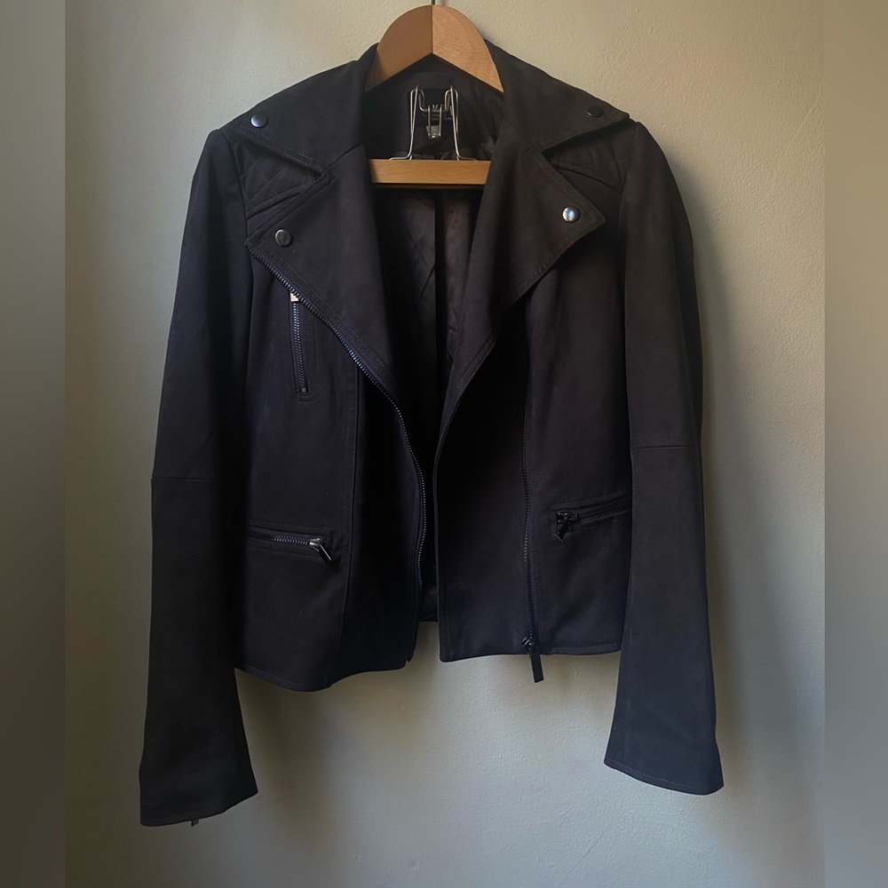 Brown Faux Suede/Satin Moto Jacket